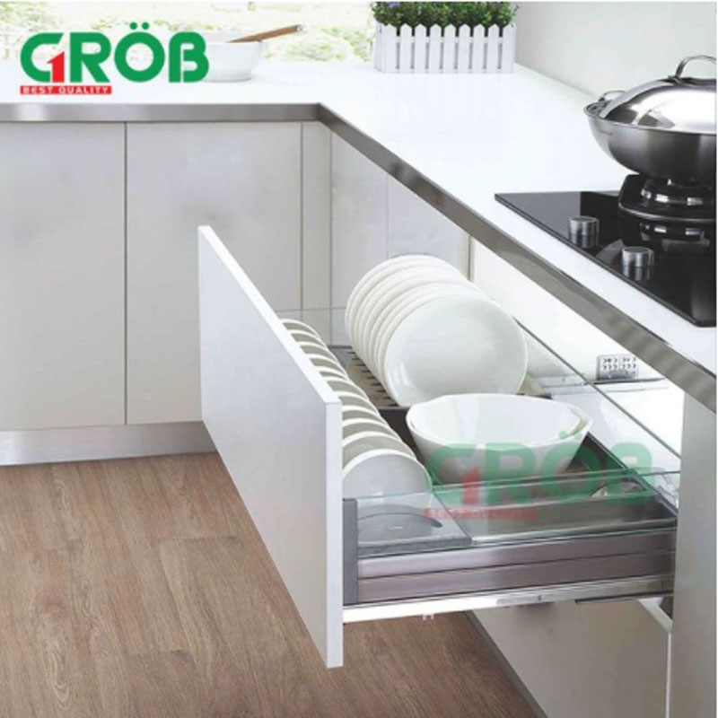 Giá để bát đĩa inox hộp vách kính gắn cánh tủ 900 Grob PHF - 91